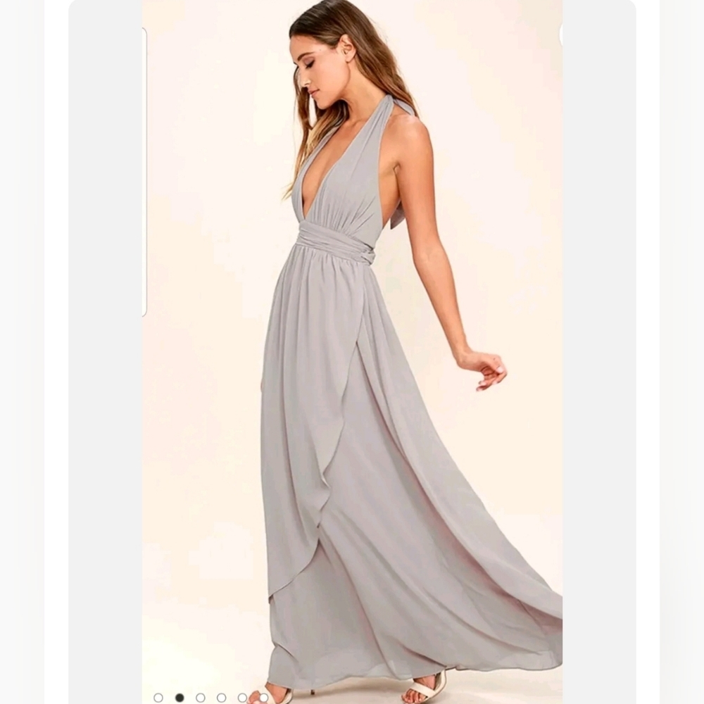 Lulus Maxi Maxi Dress Womens Size Small Gray Stop And Stare Halter Gown Bridal
